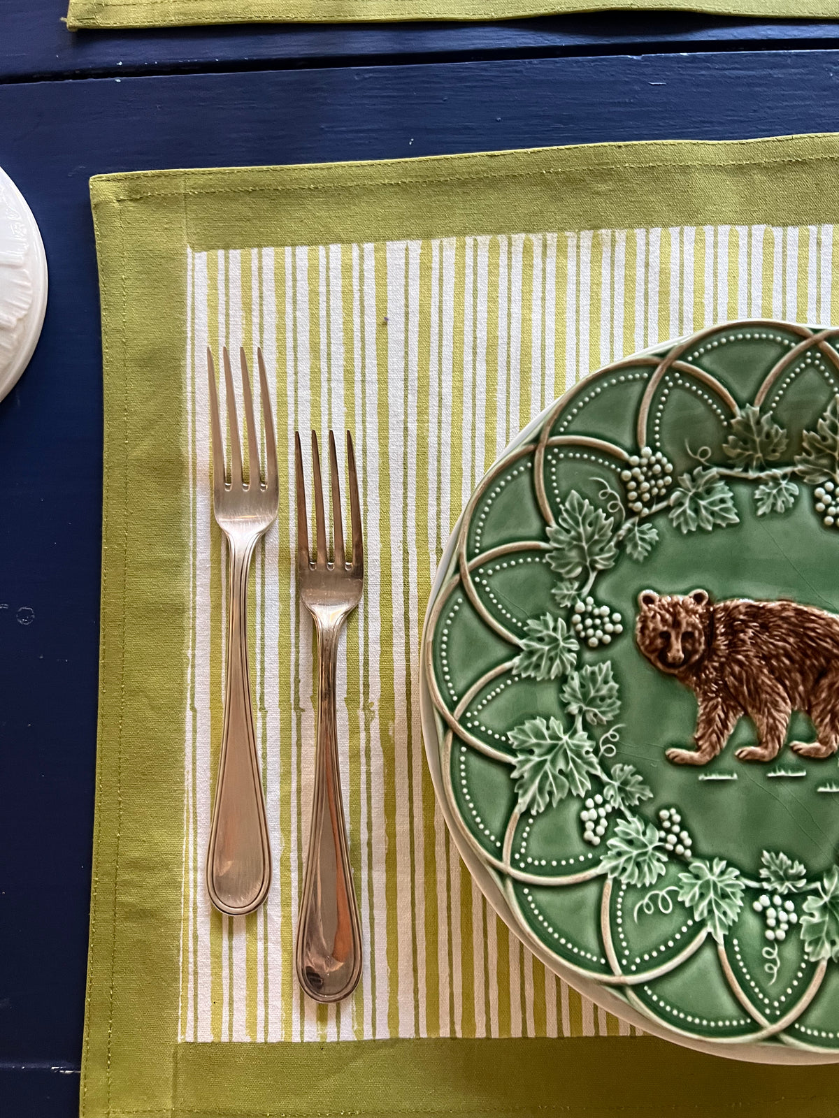 Vibrant Vertical Stripes Canvas Table Mat in Acid Green and Dark Green