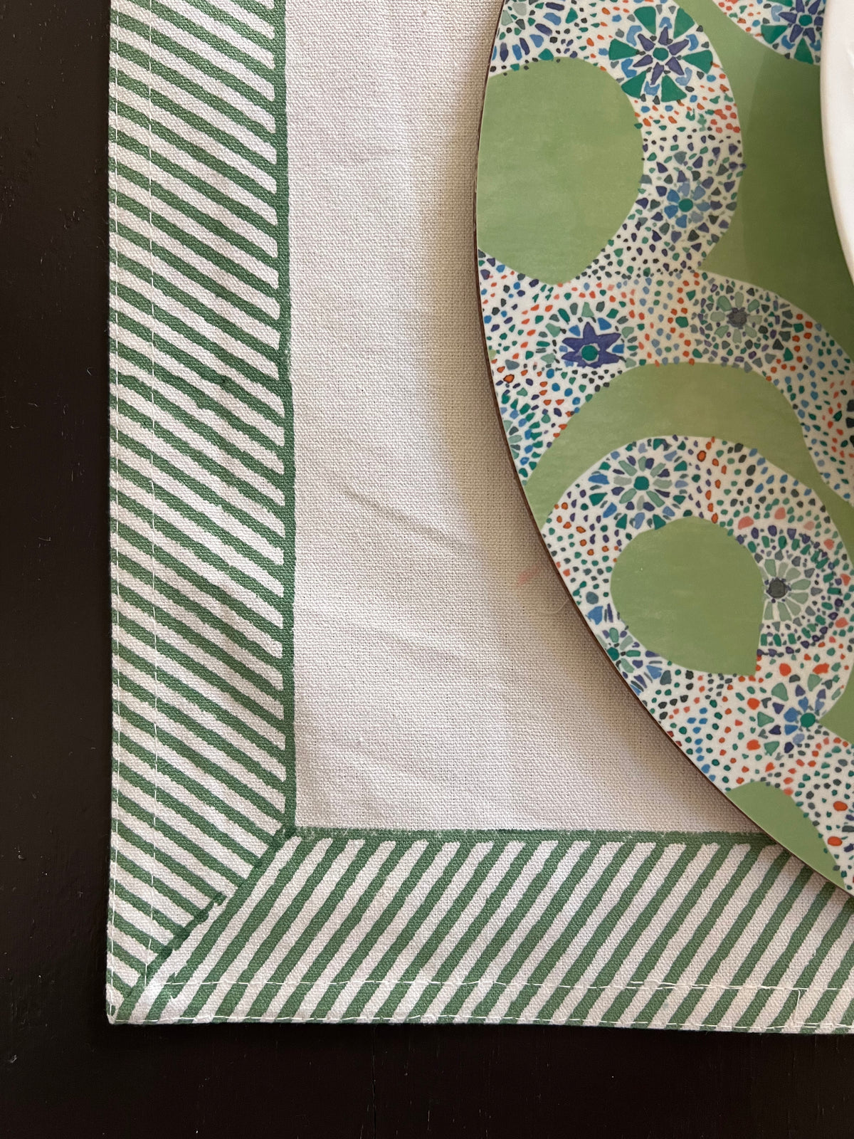 Diagonal Striped Green Block Print Cotton Canvas Table Mat